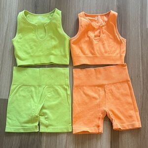 Women’s Ribbed Bike Shorts & Crop Top Set - Neon Green and Neon Orange